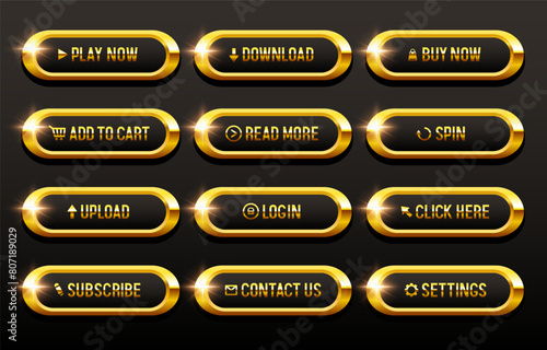 Buttons for websites. Black buttons in a gold frame and with gold letters. Big set of vector buttons for web design.