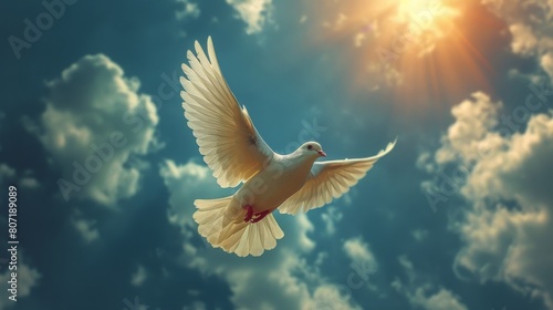White Dove Flying in Sky With Sun in Background