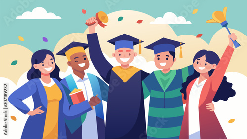 A group of graduates taking a trip together to celebrate their debtfree status making memories without worrying about their finances.. Vector illustration photo
