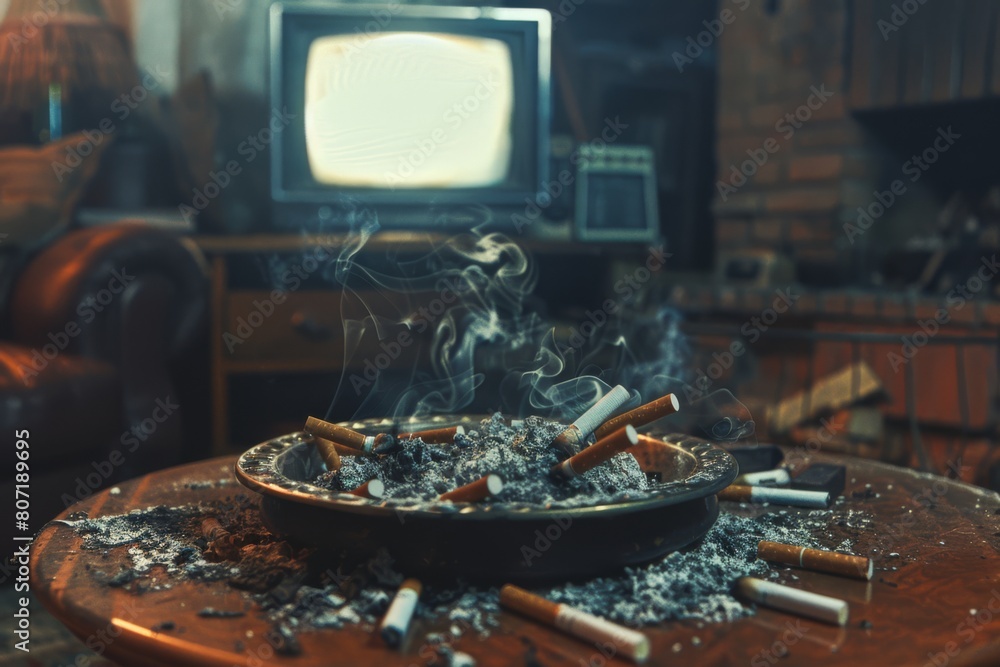 Cigarette butts in ashtray in front of tv