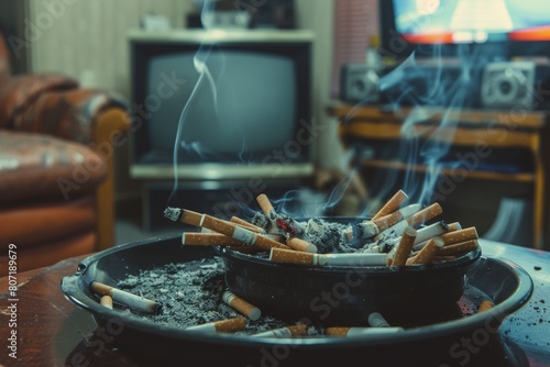 Cigarette butts in ashtray in front of tv