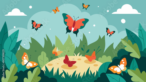 A burst of butterflies explodes from the underbrush as startled by the orienteers sudden appearance as the orienteers themselves are by the unexpected. Vector illustration photo