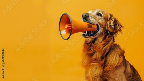 Surreal Golden Retriever Dog Holding Megaphone Announcing on Orange Background photo