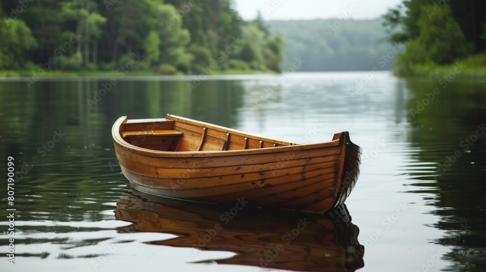 Close-up of a wooden rowboat floating peacefully on a calm lake, surrounded by lush greenery and reflecting the beauty of nature.