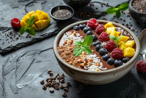 Vegan smoothie bowl with assorted toppings like mango raspberry blueberry coconut and chia seeds Emphasizes health clean eating and diet