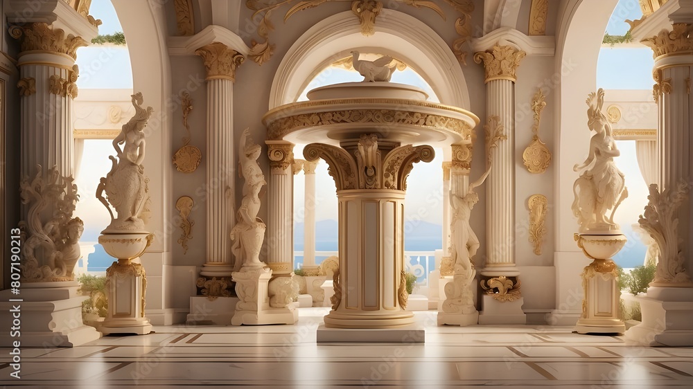 Artistic Image: Create an artistic interpretation of a pedestal surrounded by antique columns with a Greek or Roman motif. The artwork should convey the opulence and classical beauty of the scene, inc