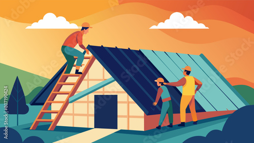 The roof of the house is nearing completion as workers install prefabricated metal roofing panels working efficiently to finish before sunset.. Vector illustration