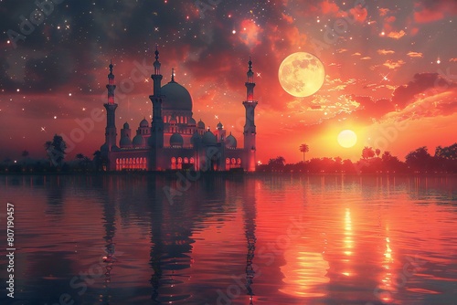 Illustration of mosque on the background of the full moon in the sky