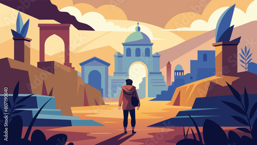 Time seems to stand still as he wanders through the ancient city absorbed in the present moment.. Vector illustration
