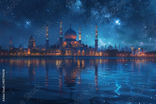 Illustration of mosque at night, with reflection in the water