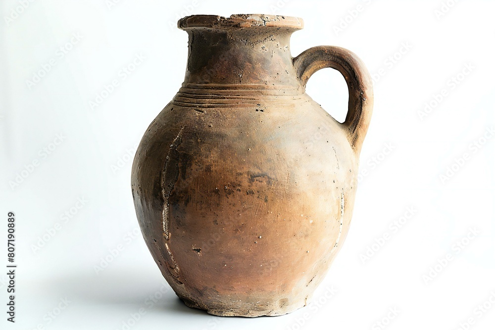 Old clay jug on a white background,  Antique clay jug