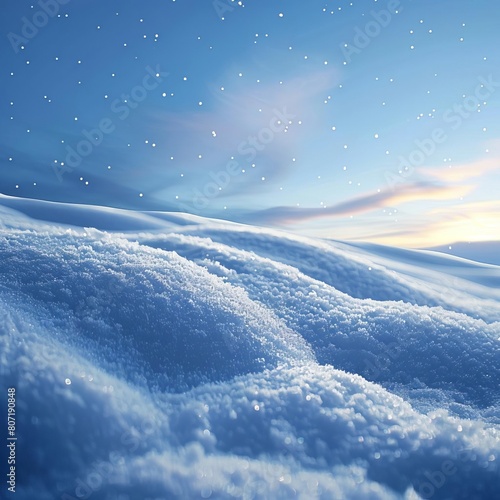 Softly lit snowdrifts in a serene winter landscape, small snowflakes fluttering against a tranquil blue evening sky, ideal for festive banners © Jammy
