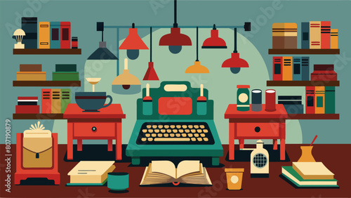 A study room embellished with a vintage typewriter collection each one with its own unique story to tell.. Vector illustration