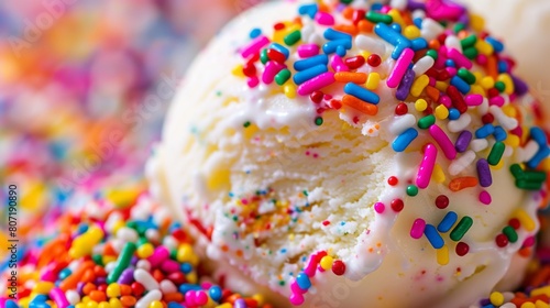 Close-up of colorful rainbow sprinkles scattered over a scoop of ice cream, adding a delightful burst of color and flavor to the dessert.