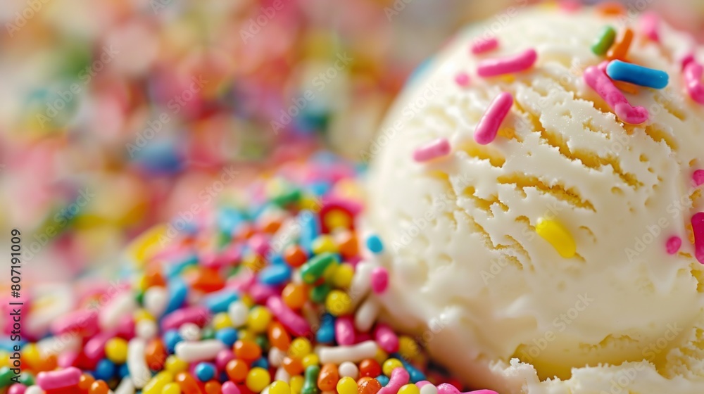 Close-up of colorful rainbow sprinkles scattered over a scoop of ice cream, adding a delightful burst of color and flavor to the dessert. Close-up of colorful rainbow sprinkles scattered over a scoop of ice cream, adding a delightful burst of color and flavor to the dessert.