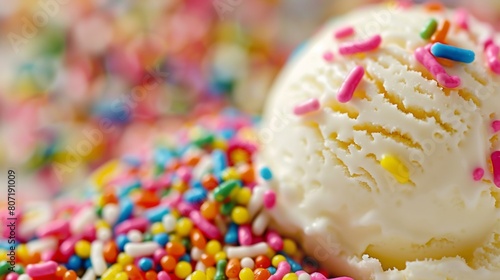 Close-up of colorful rainbow sprinkles scattered over a scoop of ice cream, adding a delightful burst of color and flavor to the dessert.