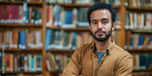 A young man in a brown jacket poses with confidence in front of bookshelves filled with various books in a library