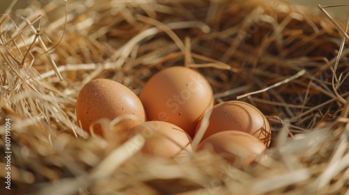 Close-up of freshly laid eggs in a straw nest, showcasing the natural and wholesome process of chicken farming.