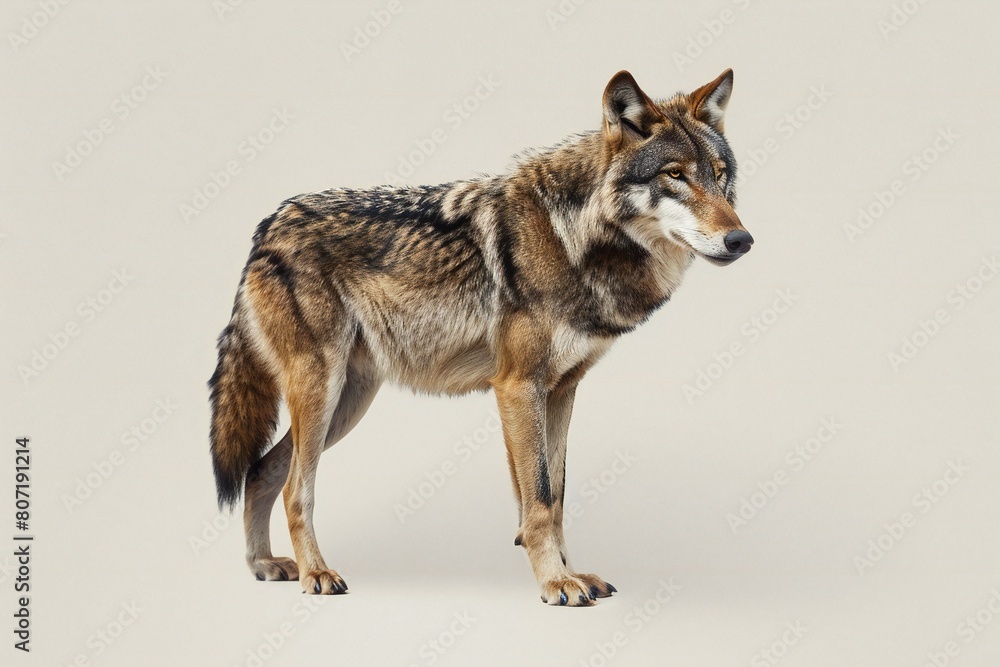 Grey wolf, Canis lupus, standing on gray background