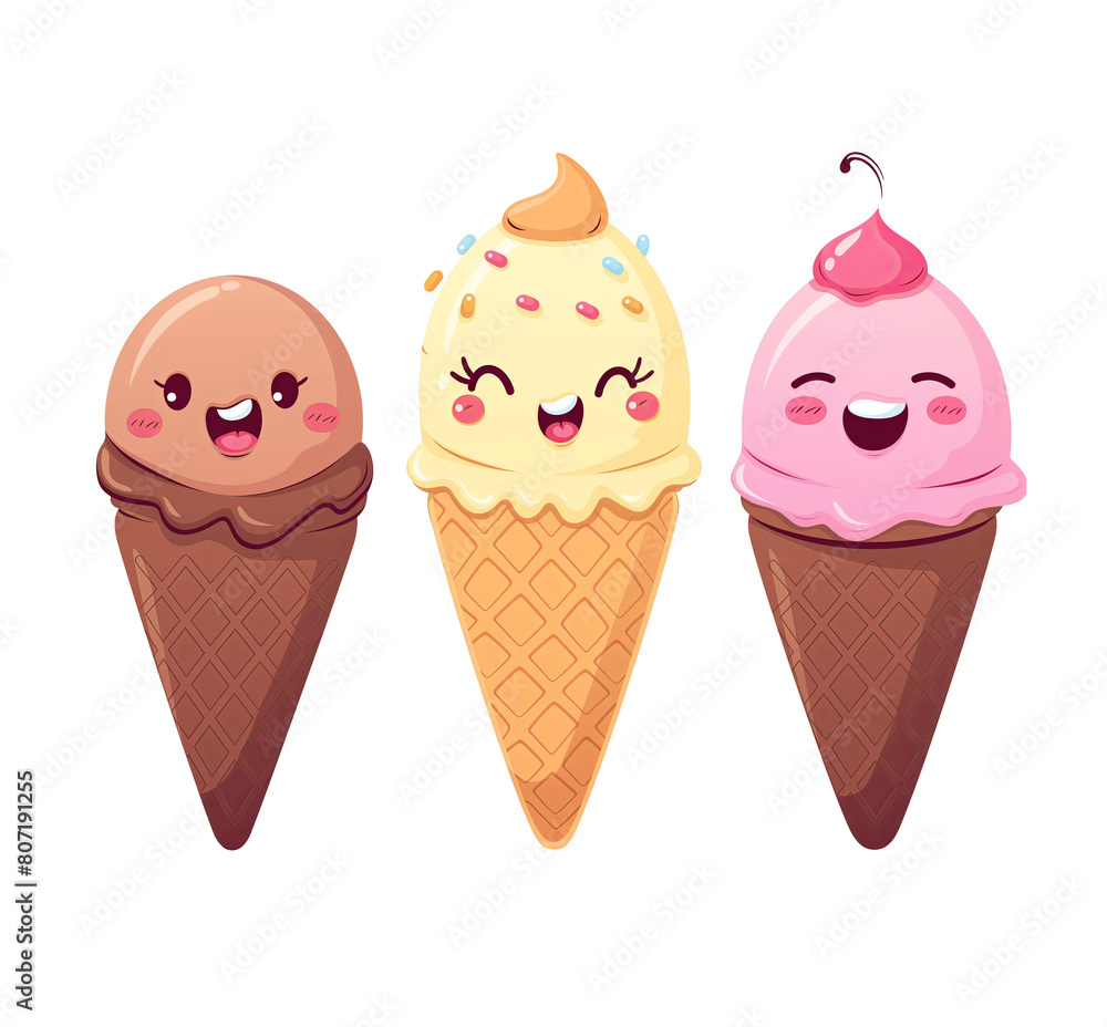 Cute ice cream set illustration isolated on a white background, with a simple design, flat colors, in the style of a cartoon, minimalistic Cute ice cream set illustration isolated on a white background, with a simple design, flat colors, in the style of a cartoon, minimalistic
