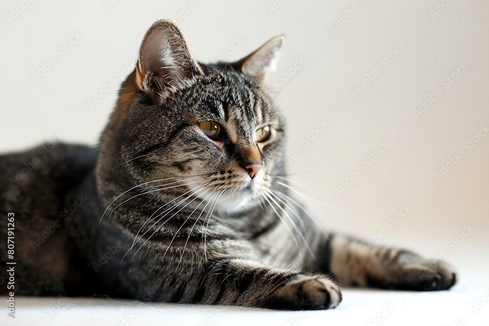 Portrait of a tabby cat lying on a white background