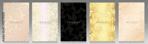 Luxury cover set design. Variety flowers pattern on delicate pink, platinum, black and golden background. Elegant collection for invitation, wedding card, pachaging, wallpaper.
