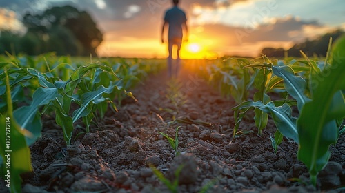 bottom view of young shoots of corn planted in rows. earth and green plants in the background sunset photo