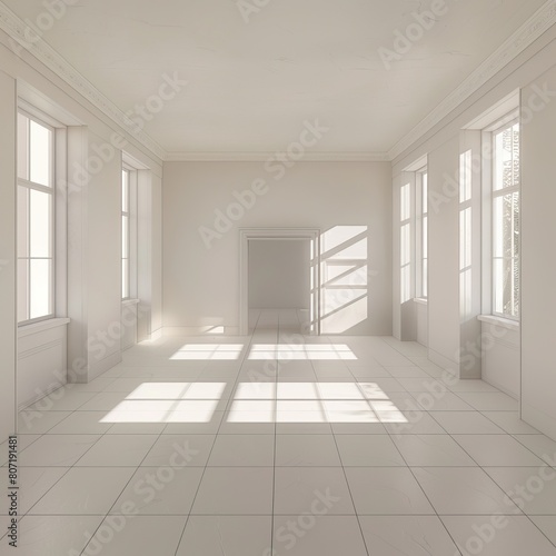 An empty room with white walls and large windows.