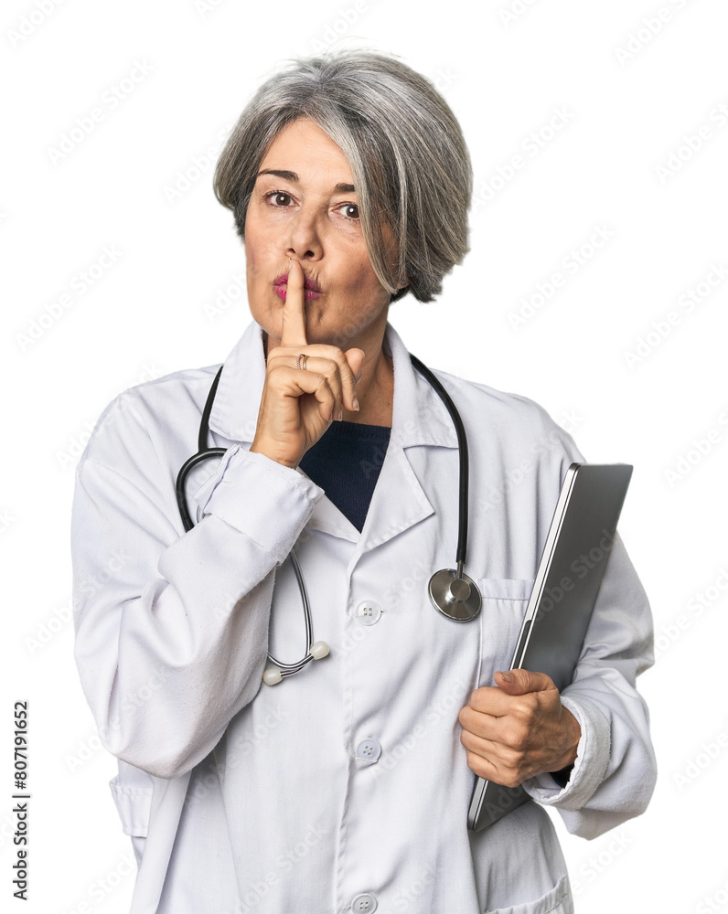 Caucasian mid-age doctor holding laptop keeping a secret or asking for silence. Caucasian mid-age doctor holding laptop keeping a secret or asking for silence.