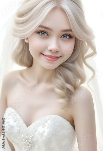 Portrait of a beautiful blonde bride, isolated on white background