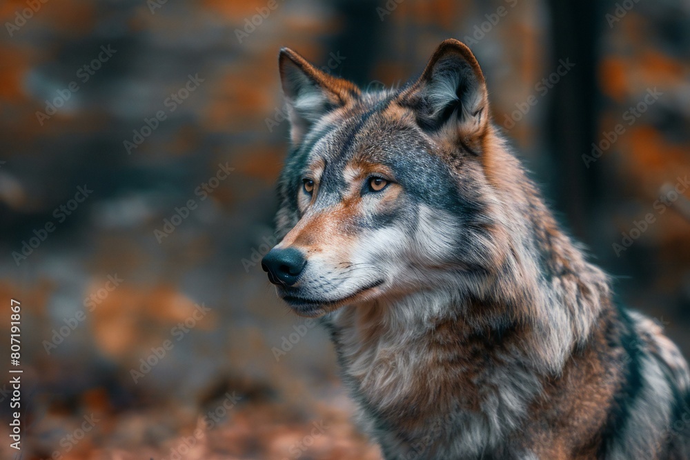 Portrait of a wolf in the autumn forest,  Close-up