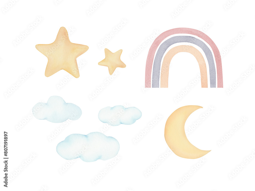 Nursery elements. Set of watercolour illustrations Nursery elements. Set of watercolour illustrations