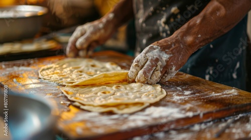 Close-up of roti dough being stretched and flattened on a wooden board, showcasing the preparation process of this delicious Thai treat.
