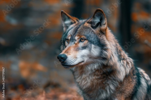 Portrait of a wolf in the autumn forest, Close-up