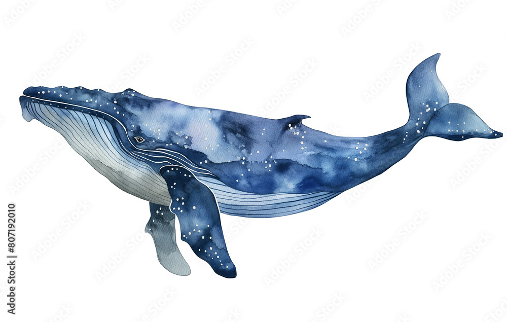 Watercolor simple cute blue whale, isolated on white background