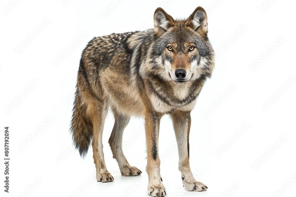 Grey wolf, Canis lupus, in front of white background