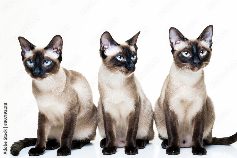 Three Siamese cats, elegant and poised