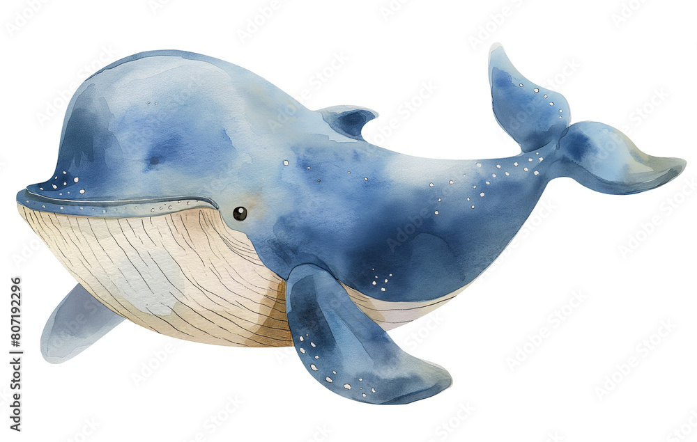 Fototapeta premium Watercolor simple cute blue whale, isolated on white background