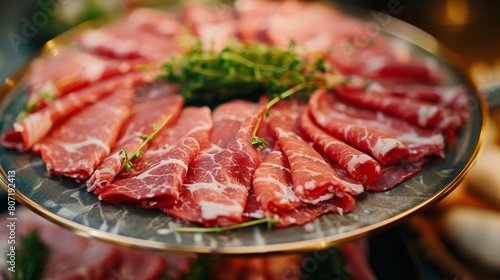 Close-up of thinly sliced meat arranged on a plate, ready to be cooked in a hot pot, showcasing the freshness and quality of the ingredients.