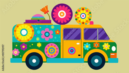 A vibrant mobile vinyl van decked out in colorful flowers and equipped with a funky disco ball record player turning an ordinary block into a lively Vector illustration
