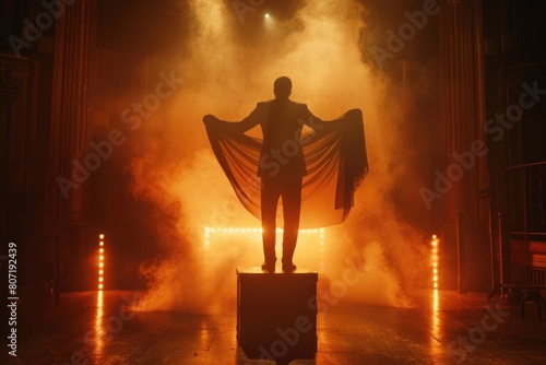 Magician performs trick on stage with fabric  lights  smoke photo