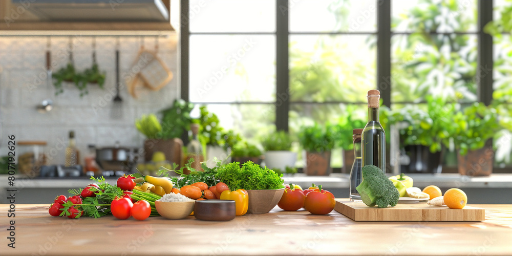 Freshly picked organic vegetables and fruits on a wooden table in a bright kitchen interior with large windows, in the background Freshly picked organic vegetables and fruits on a wooden table in a bright kitchen interior with large windows, in the background