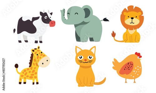 Collection of cow  elephant  lion  giraffe  cat  and chicken clipart in flat vector style