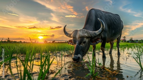 Close-up of water buffalo grazing in a rice field at sunset, embodying the timeless agricultural traditions of rural communities.