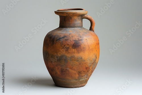 Old clay vase on a gray background, closeup of photo