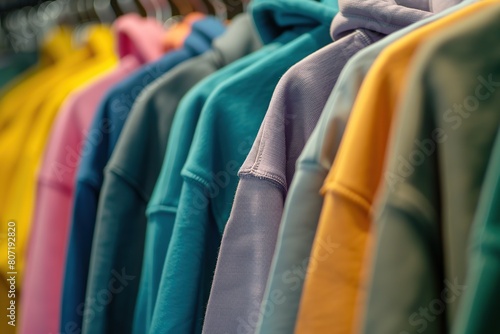 Row of different colorful youth cashmere sweaters and hoodies, sweatshirts and on a clothes rack. Multicolored sweaters, hoodie hang on hangers in clothing store for sale. Set of fashion clothes photo