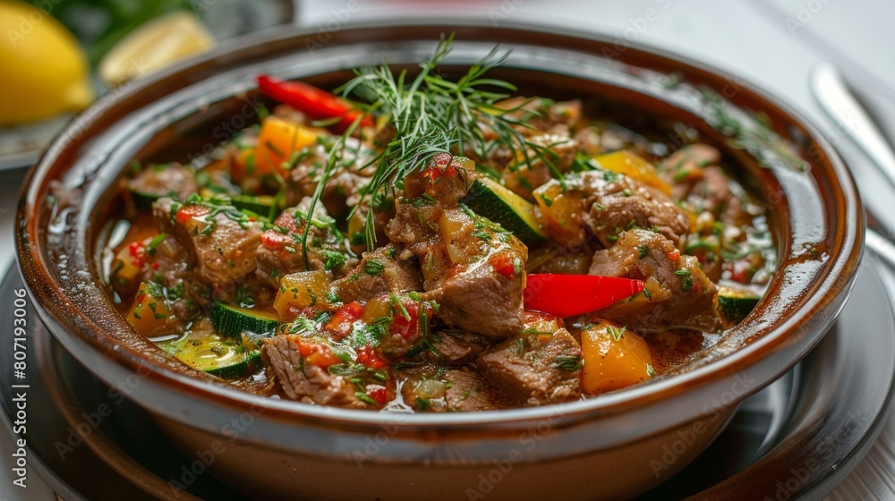 The cuisine of Bosnia and Herzegovina. Lamb stew with zucchini.
The cuisine of Bosnia and Herzegovina. Lamb stew with zucchini.