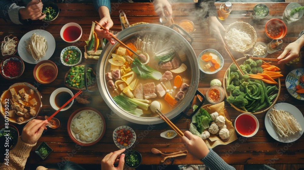 Friends enjoying a hot pot meal with steam rising, vibrant ingredients surrounding the pot, creating an inviting atmosphere of conviviality. Friends enjoying a hot pot meal with steam rising, vibrant ingredients surrounding the pot, creating an inviting atmosphere of conviviality.