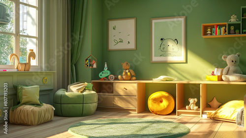 _A brightly lit  green-themed nursery with a soft  inviting aesthetic and a mix of modern and vintage toys and furniture._