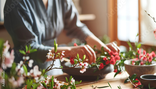 Woman making ikebana at table in room, closeup